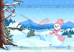 Winter background with snowman - vector clipart