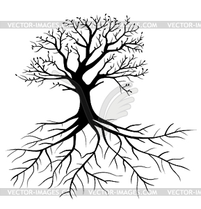 Whole black tree with roots - vector clipart