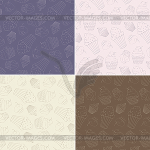 Set of Seamless Patterns with Cute Cupcakes - vector image