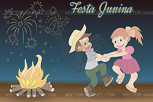 Dancing children, bonfire and fireworks - vector clip art