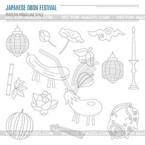 Set of Japanese summer Bon Festival attributes - vector image