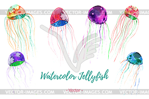 Набор ручной росписи акварелью медуз, - векторный клипарт