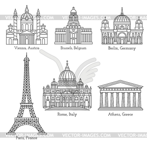 European landmarks line icons - vector image