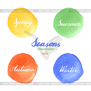 Handwritten season names on watercolor background - vector image