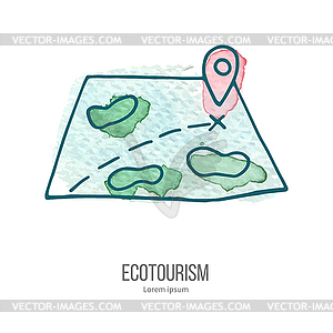 Ecotourism doodle on watercolor texture - vector image