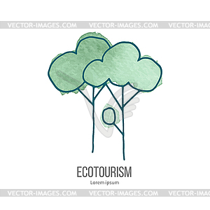 Ecotourism doodle on watercolor texture - vector image
