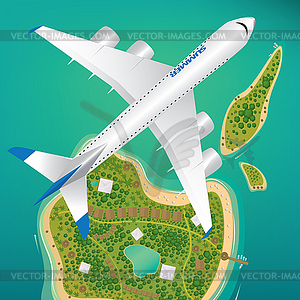 Aircraft flies over few tropical islands - vector image