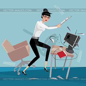Angry business woman breaks computer - vector image