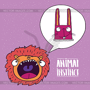 Animal instinct of lion to rabbit - vector clipart