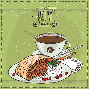 Apple Viennese strudel with cup of tea - vector clipart