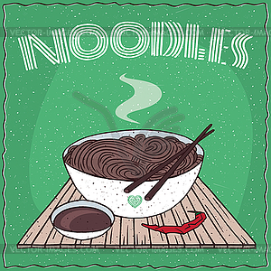 Asian noodles Naengmyeon or Soba in bowl - color vector clipart