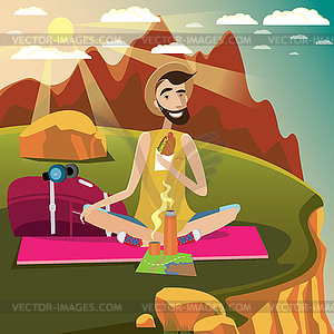 Backpacker rests on grassland in mountains - vector clipart