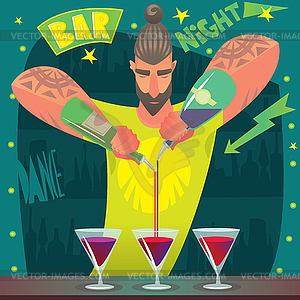 Bartender deftly preparing cocktails - vector image