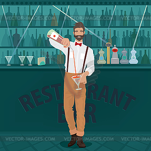 Bartender hipster pours drink into glass - vector clip art