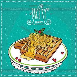 Belgian waffles with honey on lacy napkin - vector image