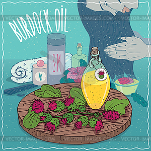 Burdock oil used for hair care - vector clipart