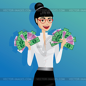 Business woman holding lot of money - vector image