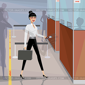 Business woman pass passport control - vector image