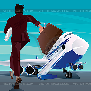 Businessman in hurry for passenger plane - vector clipart