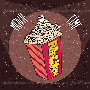 Cardboard box with popcorn in beams spotlights - vector image