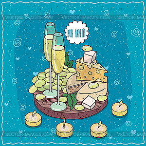 Champagne or cider and grapes and cheese - vector clipart