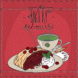 Cherry Viennese strudel with cup of green tea - vector clipart