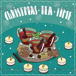 Christmas tea in mugs with sweets and cookies - vector image