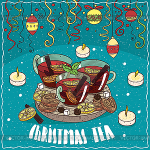 Christmas tea with Christmas toys and confetti - vector clipart