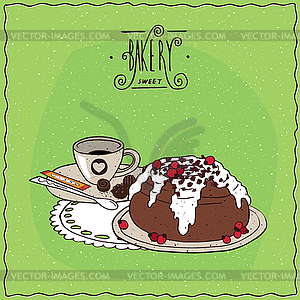 Cinnamon roll with cup of tea on lacy napkin - vector clipart