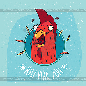 Cock or rooster screaming in round frame - vector image