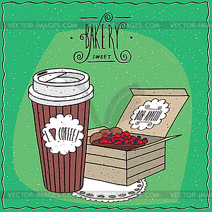 Coffee in paper cup and berry pie in carton box - vector clipart