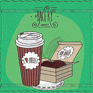 Coffee in paper cup and chocolate cookies in box - vector image