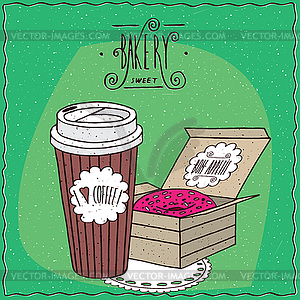 Coffee in paper cup and donut with pink icing - vector clipart