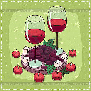 Composition with red wine and grapes and cheese - vector clip art