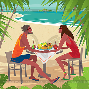 Couple at table eating breakfast on beach - vector clipart