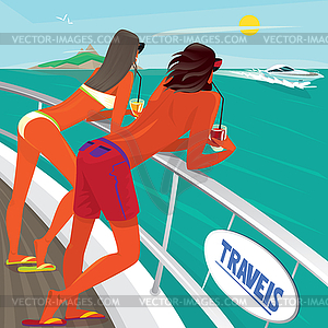 Couple drinking cocktails on deck of yacht - stock vector clipart