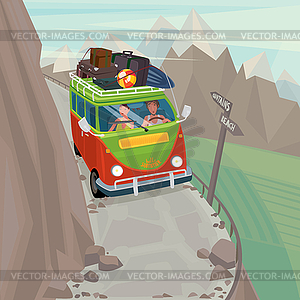 Couple in hippie bus rides on mountain serpentine - vector image