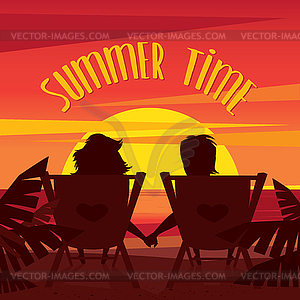 Guy and girl admiring sunset - royalty-free vector image