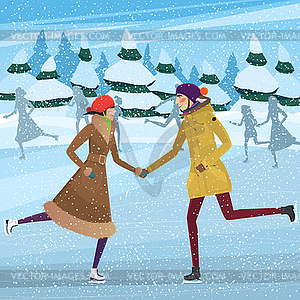 Couple on public ice rink - vector clip art