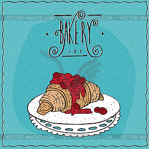 Croissant with red berries on lacy napkin - vector clipart