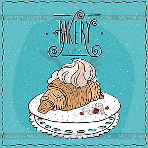 Croissant with whipped cream on lacy napkin - vector image