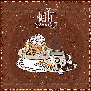 Croissant with whipped cream with cup of tea - vector image