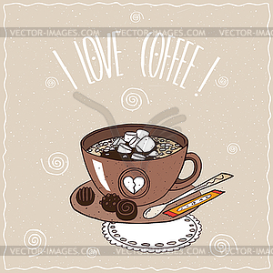 Cup of coffee with marshmallow on lacy napkin - vector image