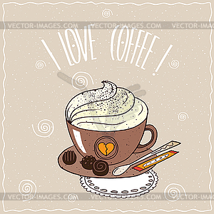 Cup of coffee with whipped cream on lacy napkin - vector image