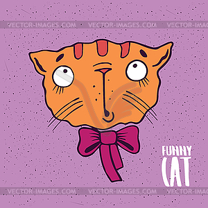 Cute cat with bow in handmade cartoon style - vector clipart