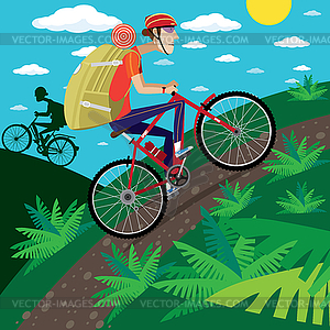 Cycler in mountains - vector clipart