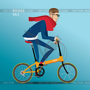 Fashionable man rides on folding bike - vector clip art