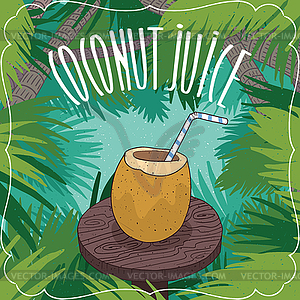 Fresh coconut juice in coconut fruit or nut - vector image