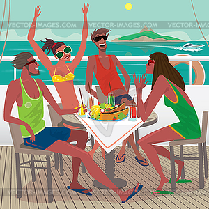 Friends eating breakfast on deck of ship - vector image