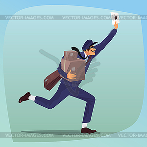 Funny postman runs, waving letter - vector image